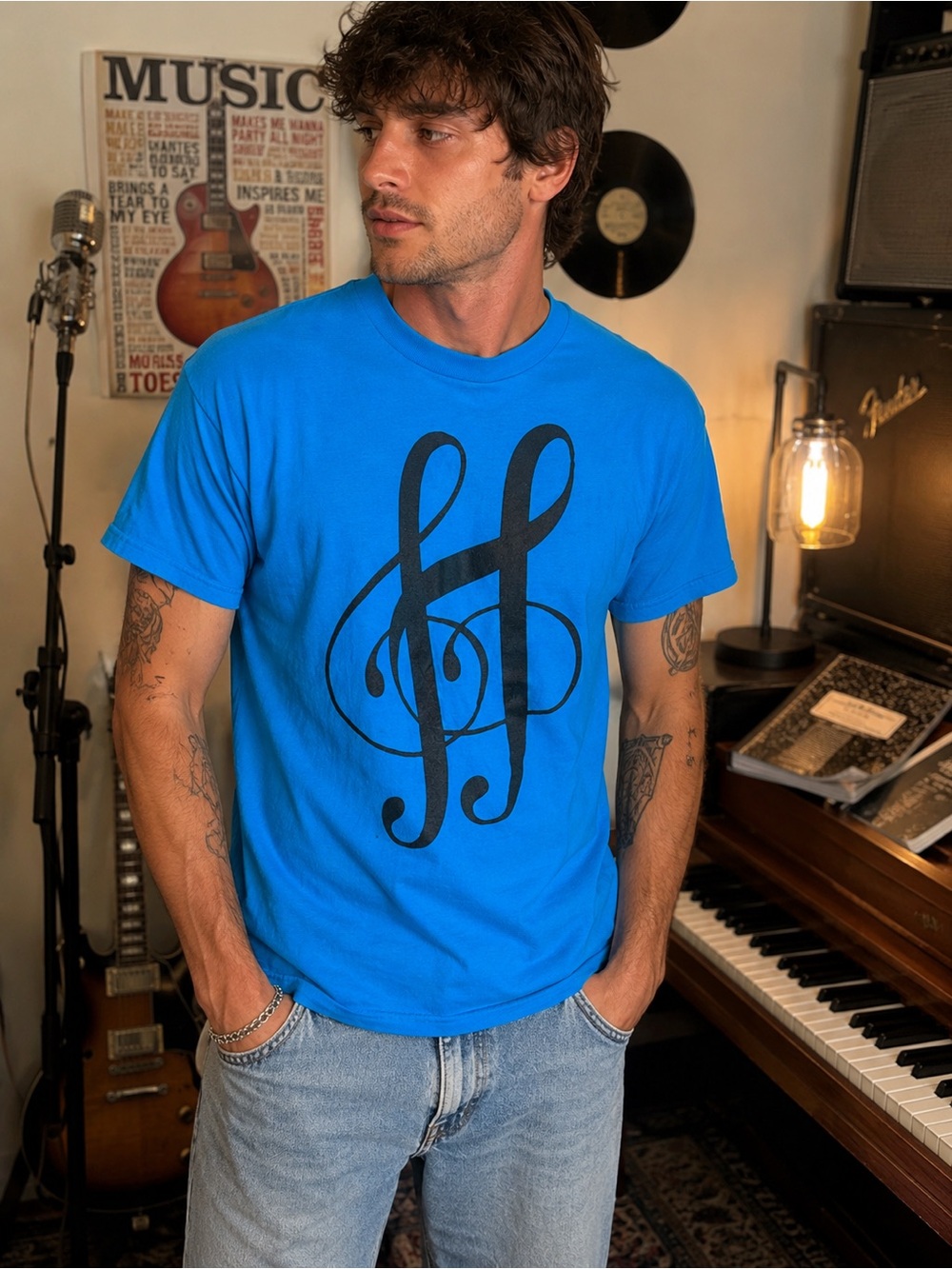 Vintage Hanes Fifty-Fifty Treble Clef T-Shirt Blue USA Single Stitch Size Large